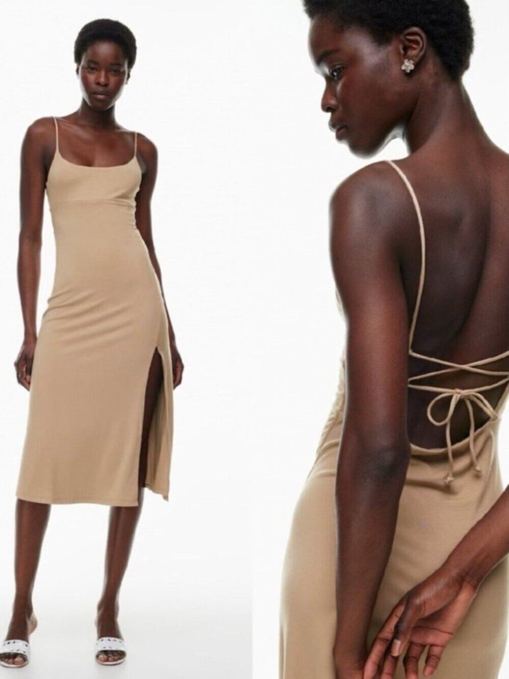 Aritzia Wilfred Dreamweaver Midi Slit Tie Back Dress Nude Tan Size XS